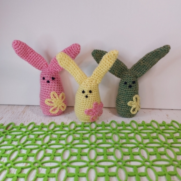 Three Cute Long Ear Bunnies with Flowers Handmade by me! Cute Decor or Gift Boho - Picture 9 of 12